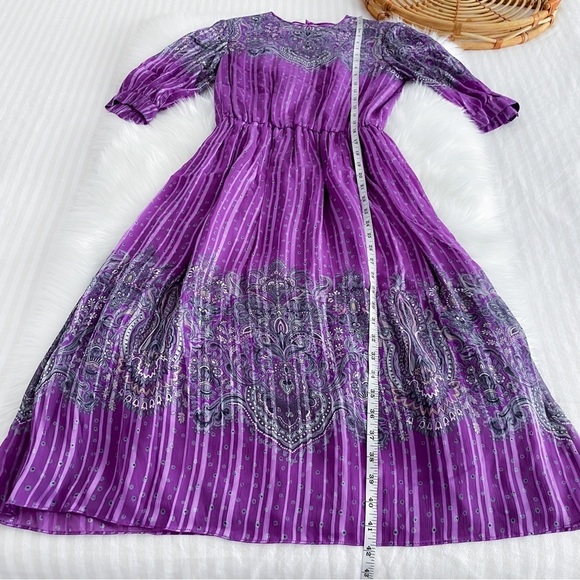 Vintage Hanae Mori New York VTG Chiffon Paisley Stripe Dress Purple - Picture 15 of 16
